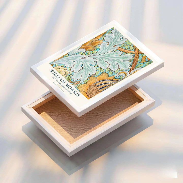 Historic artwork print of William Morris Acanthus, capturing bold botanical curves, pale mint blue leaves, and yellow floral accents suited for home office, library, and cozy bedroom wall spaces.