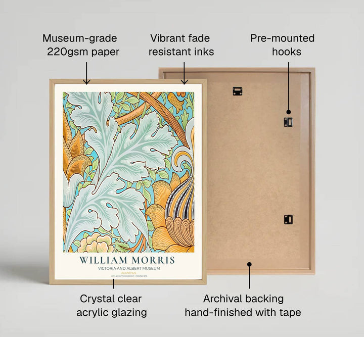 Historic poster print of the famous William Morris Acanthus design, showing fine museum exhibition text at the base and full botanical artistry across the main sheet for decorative wall display.