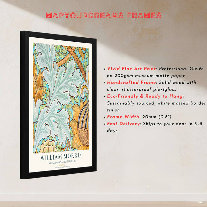 High quality art print showing William Morris Acanthus vintage botanical artwork, meticulously produced to ensure long lasting color stability and stunning visual appeal in modern home interiors.