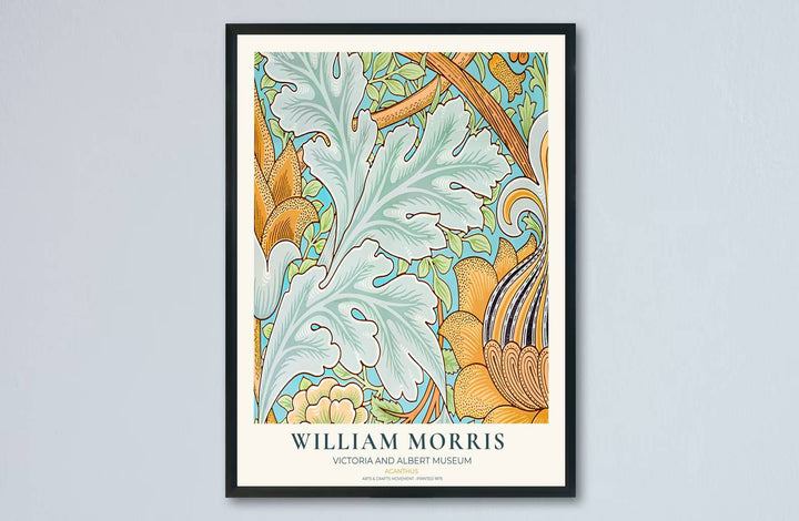 Decorative artwork print of William Morris Acanthus featuring dense leafy scrollwork, sky blue background hues, and yellow floral highlights suitable for luxury interior styling and wall displays.