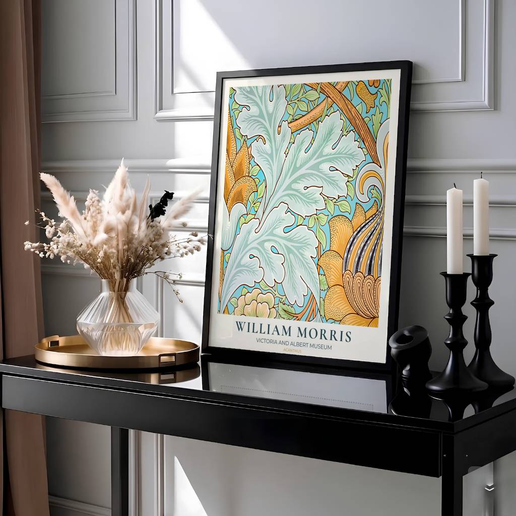 Premium heritage botanical print of the historic 1875 Acanthus layout by William Morris, ideal for styling bright interior spaces or building an eclectic vintage art poster collection across home rooms.