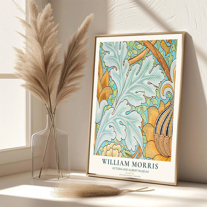Authentic Arts and Crafts Acanthus design print by William Morris, bringing organic energy, refined English heritage art, and vibrant yellow and blue contrast into cozy home living spaces.