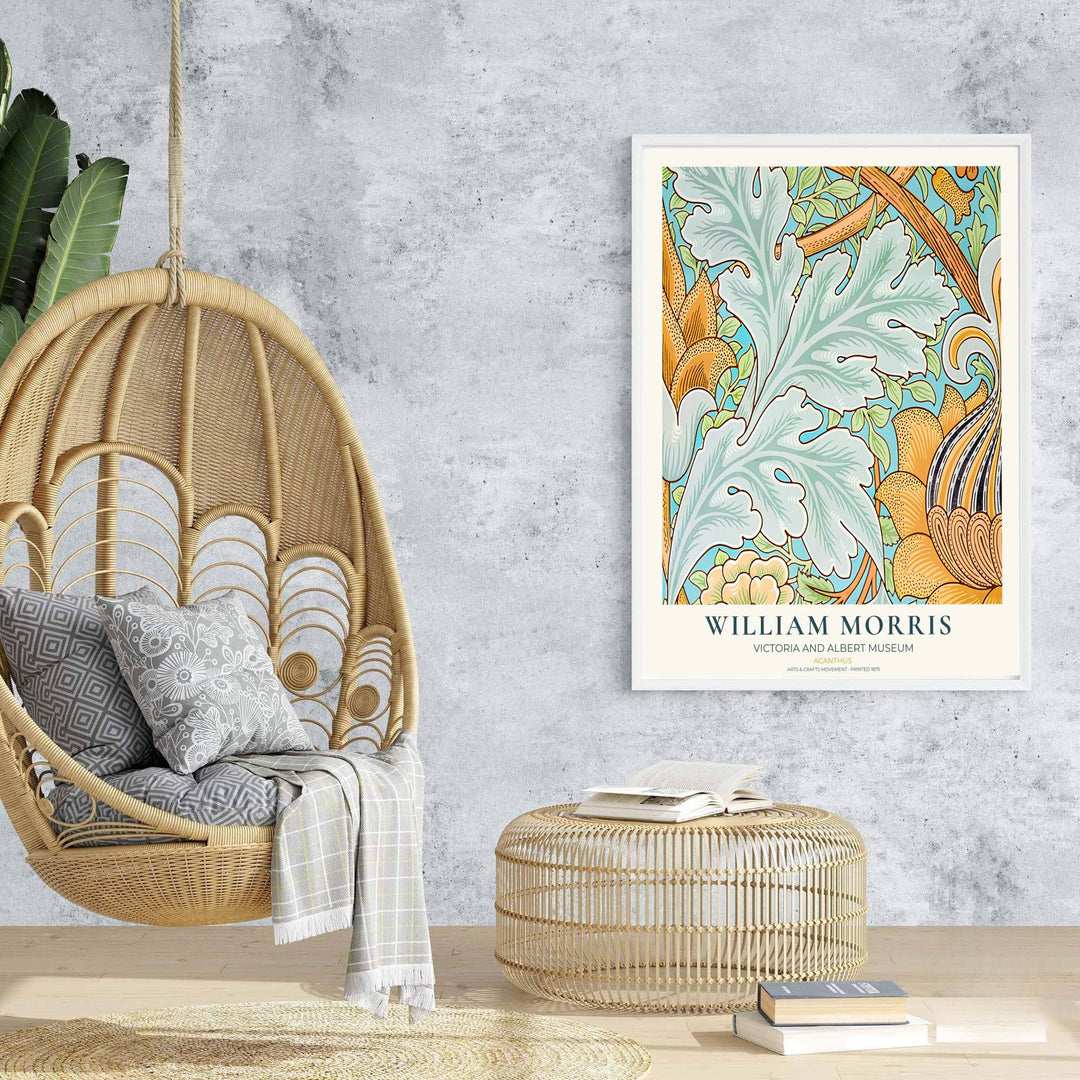 Fine graphic print featuring the detailed textile art of William Morris titled Acanthus, serving as a sophisticated centerpiece for Victorian, mid century modern, or colorful decor themes.