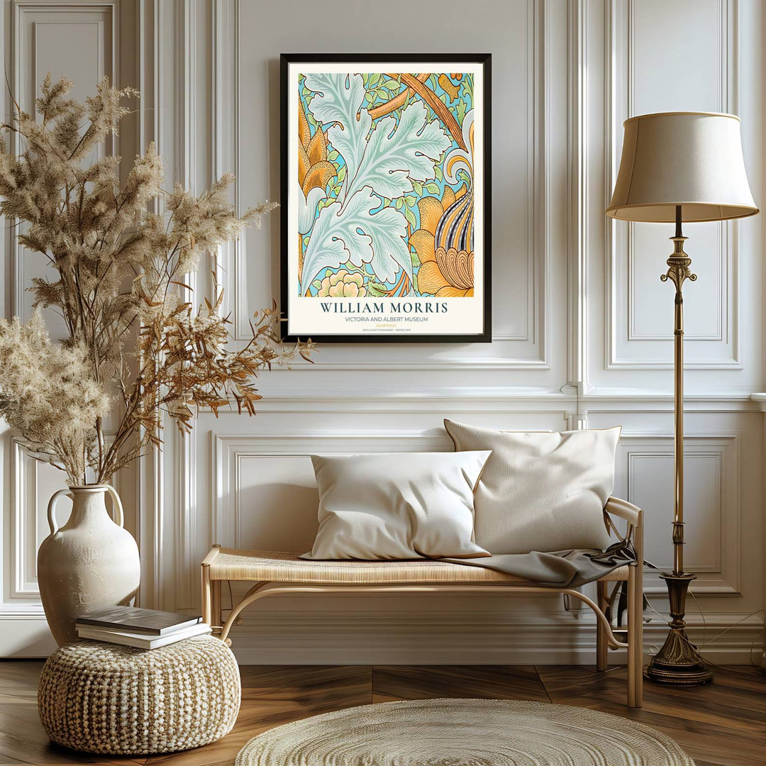 Archival visual print featuring William Morris Acanthus foliage patterns, offering clean museum text borders and bold leaf movement suitable for home library, hallway, or study accent walls.