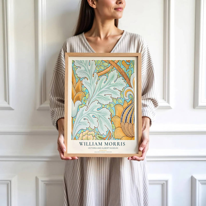 Detailed artwork print rendition of the iconic William Morris Acanthus poster, highlighting rich sky blue, sage, and terracotta tones ideal for bedroom and home office focal points.