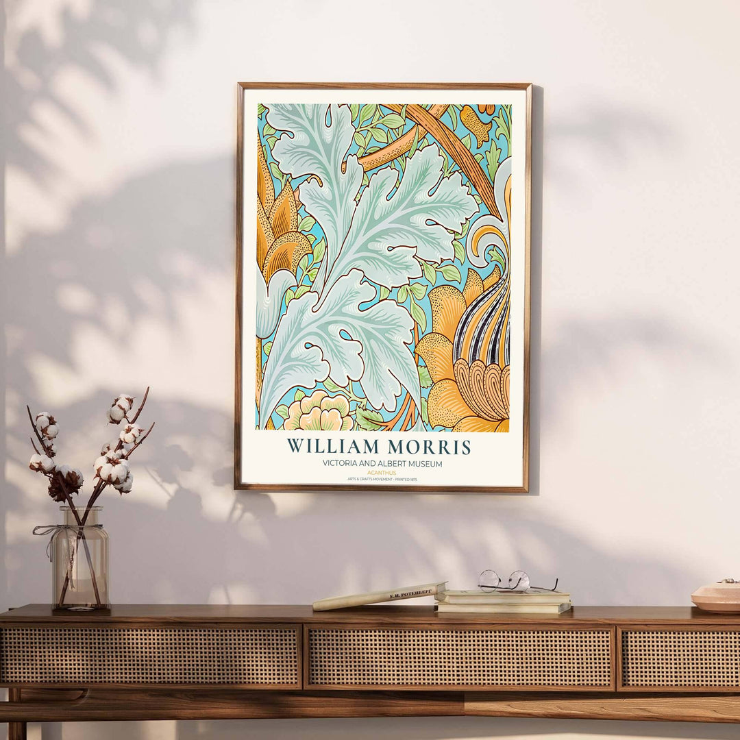Timeless William Morris Acanthus floral artwork print, blending vintage English pattern design with high definition detailing for striking wall decoration across modern residential spaces.