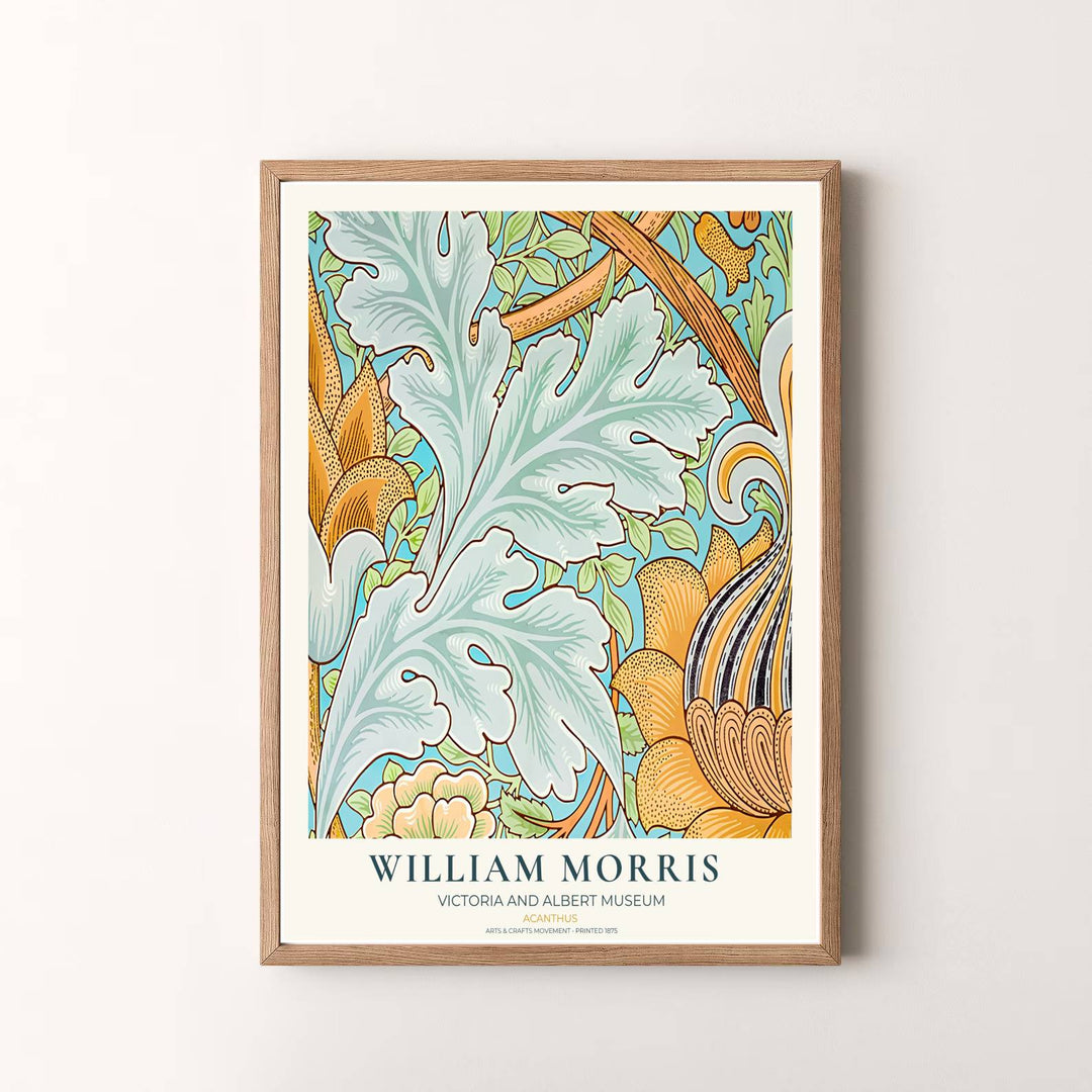 Museum quality visual print of William Morris Acanthus displaying historical leaf tapestry graphics and vibrant yellow botanical motifs, ideal for traditional home collections and art displays.