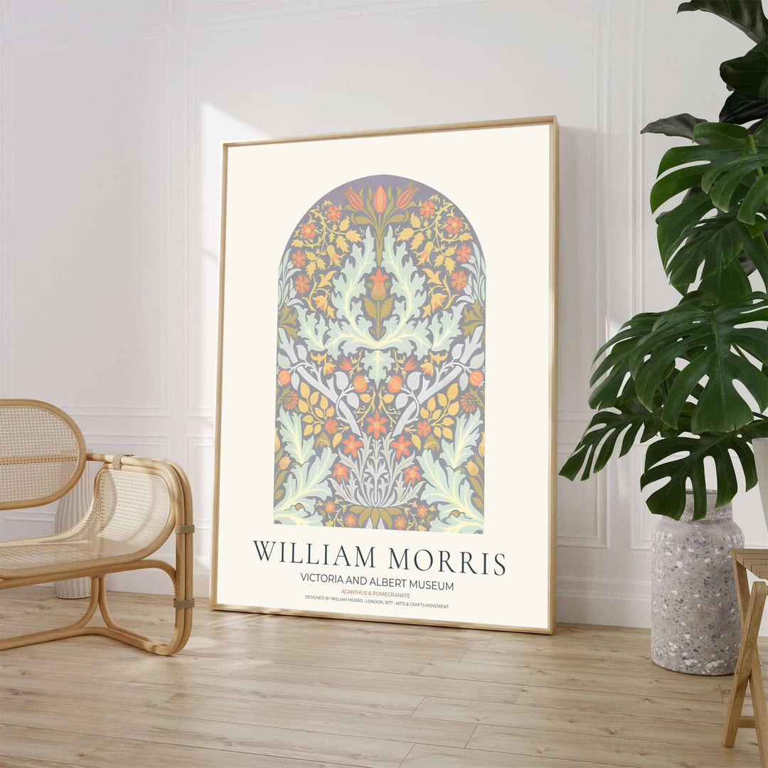 Elegant William Morris floral print capturing an arched vintage exhibition design, detailed acanthus foliage, and delicate pomegranate motifs to enhance traditional or modern interior spaces.