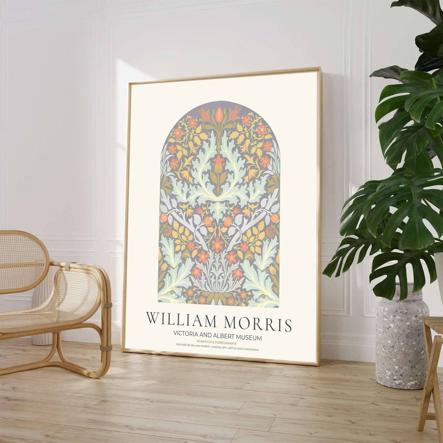 Elegant William Morris floral print capturing an arched vintage exhibition design, detailed acanthus foliage, and delicate pomegranate motifs to enhance traditional or modern interior spaces.