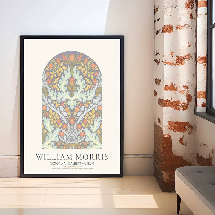 Detailed artwork print rendition of the iconic William Morris Acanthus and Pomegranate poster, highlighting soft pastel tones of lavender, peach, and green ideal for bedroom and entryway wall accents.