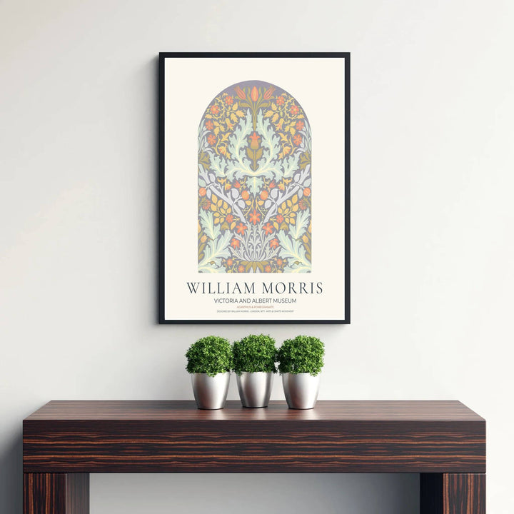 Archival Acanthus and Pomegranate William Morris print featuring classic Arts and Crafts Movement graphics set inside a architectural archway, printed with archival inks for gallery quality displays.