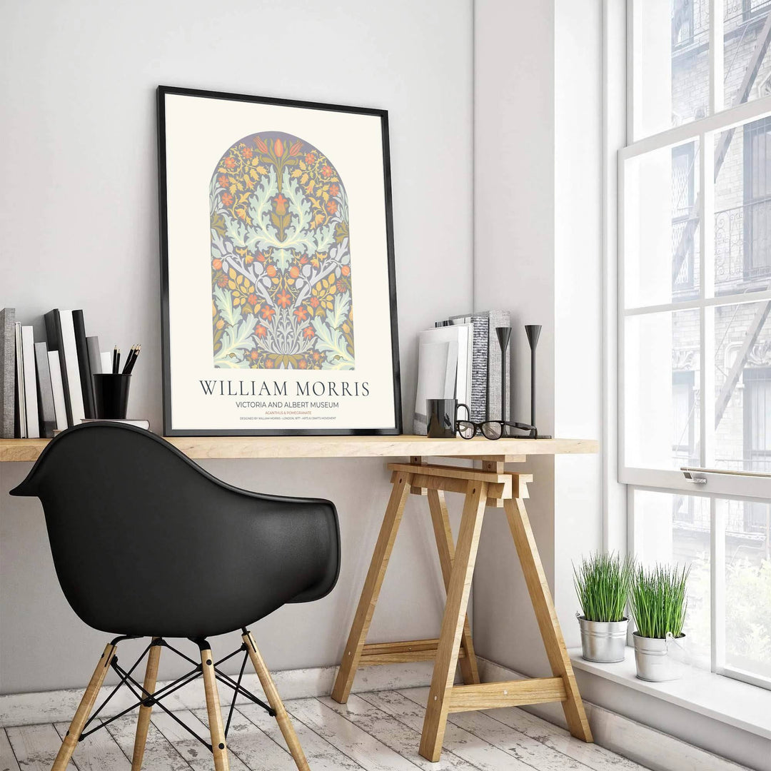 Beautiful Arts and Crafts Acanthus and Pomegranate motif print by William Morris, ideal for bringing classic British heritage artwork and artistic arched visual elements into living room spaces.