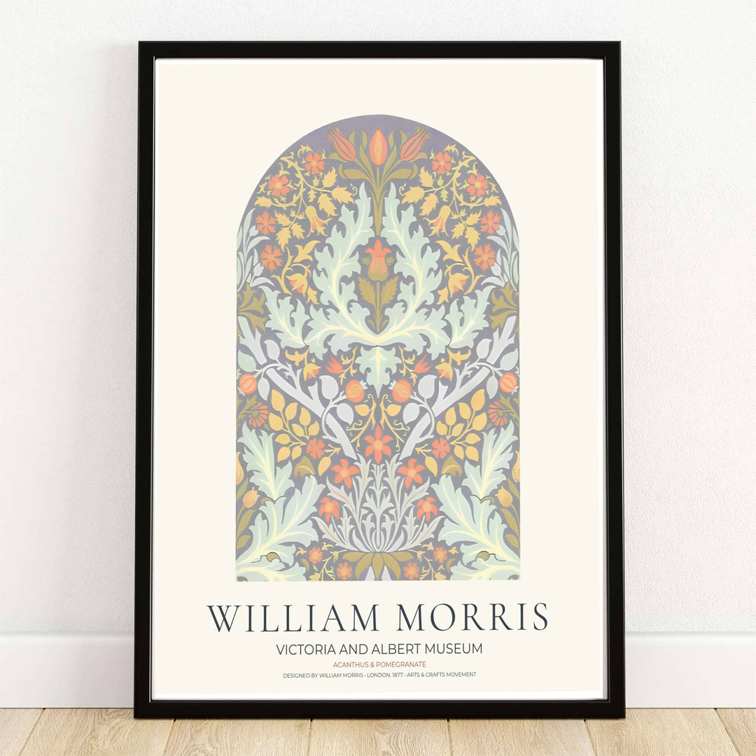 Timeless William Morris Acanthus and Pomegranate botanical art print, combining fluid vintage movement with historic exhibition layout elements to complement soft living room wall decor.