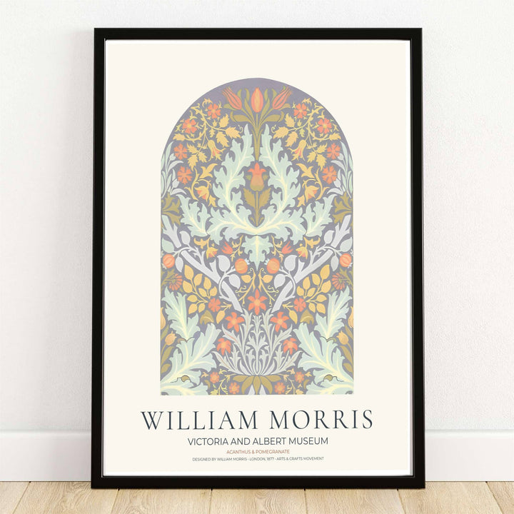 Timeless William Morris Acanthus and Pomegranate botanical art print, combining fluid vintage movement with historic exhibition layout elements to complement soft living room wall decor.