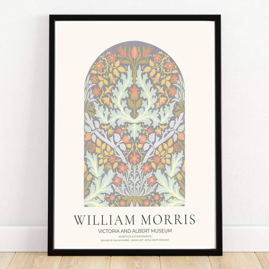 Timeless William Morris Acanthus and Pomegranate botanical art print, combining fluid vintage movement with historic exhibition layout elements to complement soft living room wall decor.
