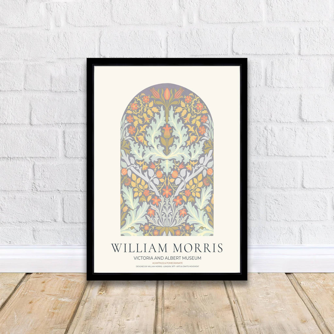 High quality Acanthus and Pomegranate William Morris print displaying an arched botanical window layout, scrolling acanthus leaves, and soft pastel floral patterns perfect for serene living room decor.