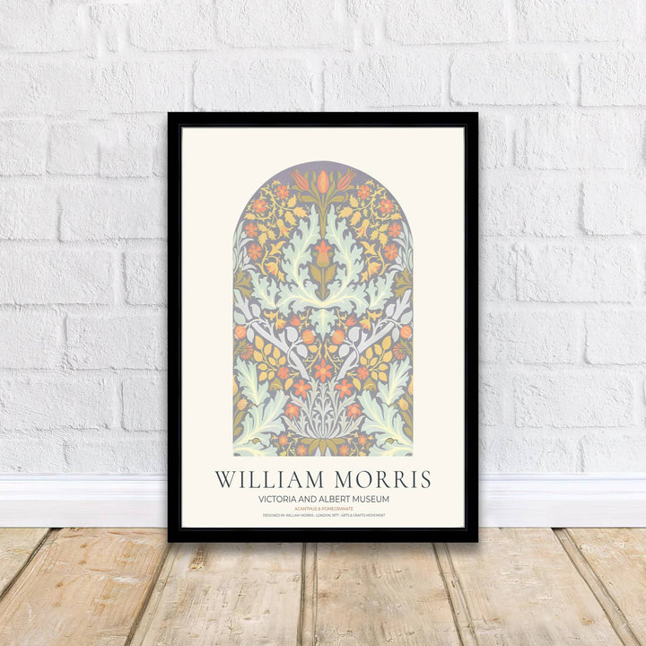High quality Acanthus and Pomegranate William Morris print displaying an arched botanical window layout, scrolling acanthus leaves, and soft pastel floral patterns perfect for serene living room decor.