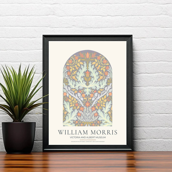 Fine art print showcasing the delicate botanical detailing of William Morris Acanthus and Pomegranate, offering a refined aesthetic with muted floral colors and scrolling vines for wall decoration.