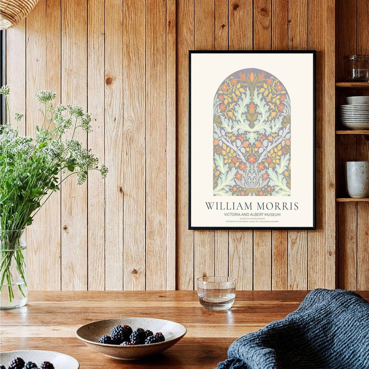 Classic William Morris Acanthus and Pomegranate design print, adding a charming vintage flair and subtle pastel colors to warm home office arrangements, entryways, and traditional interior settings.