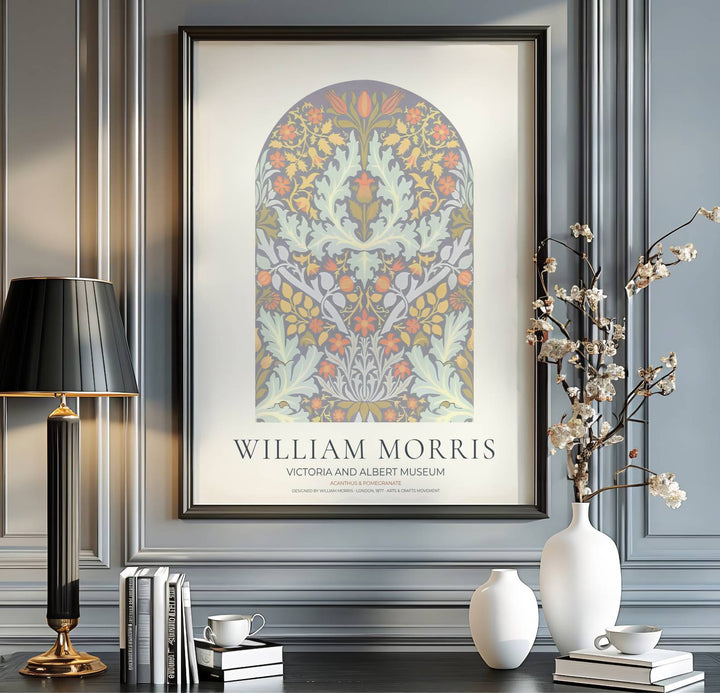 Historic artwork print of William Morris Acanthus and Pomegranate, capturing delicate botanical lines, soft lavender and peach hues, and symmetrical leaves suited for quiet bedroom spaces.