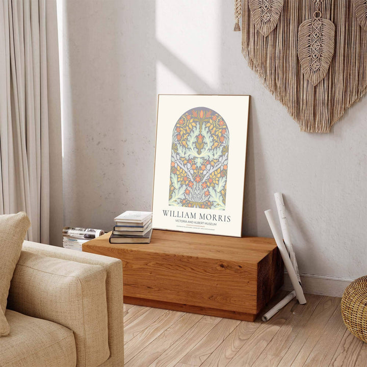Detailed botanical illustration print displaying the arched foliage layout and delicate fruit tendrils of William Morris Acanthus and Pomegranate, ideal for relaxing room aesthetic updates.
