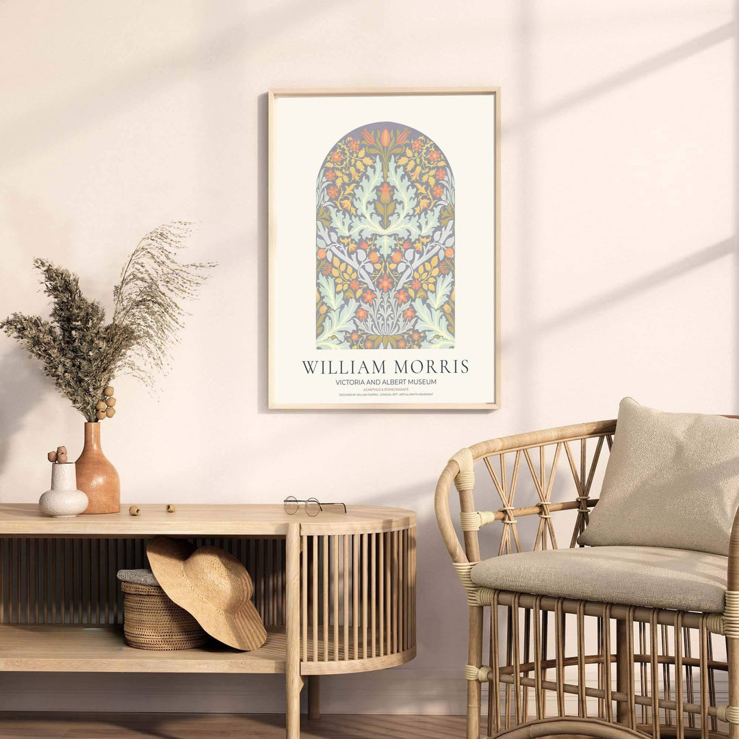 Vintage floral artwork print of William Morris Acanthus and Pomegranate, providing a subtle touch of cottagecore and Victorian home interior styling with soft pastel floral and leaf patterns.