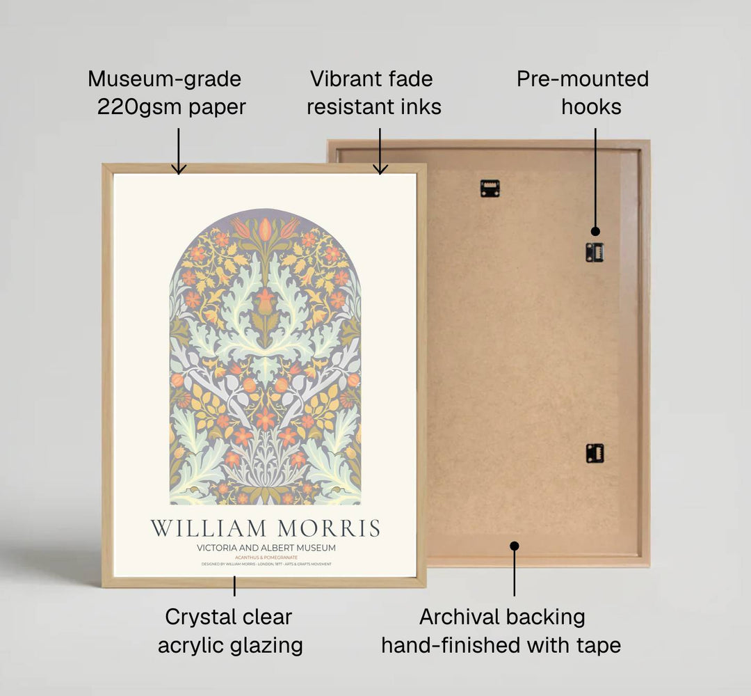 Historic poster print of the famous William Morris Acanthus and Pomegranate design, featuring fine museum typography at the bottom and an arched botanical pattern across the main image.