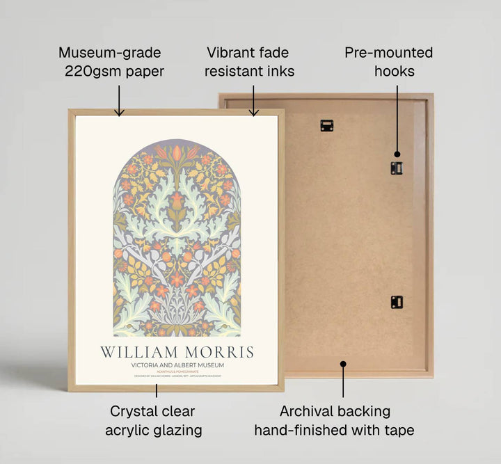 Historic poster print of the famous William Morris Acanthus and Pomegranate design, featuring fine museum typography at the bottom and an arched botanical pattern across the main image.