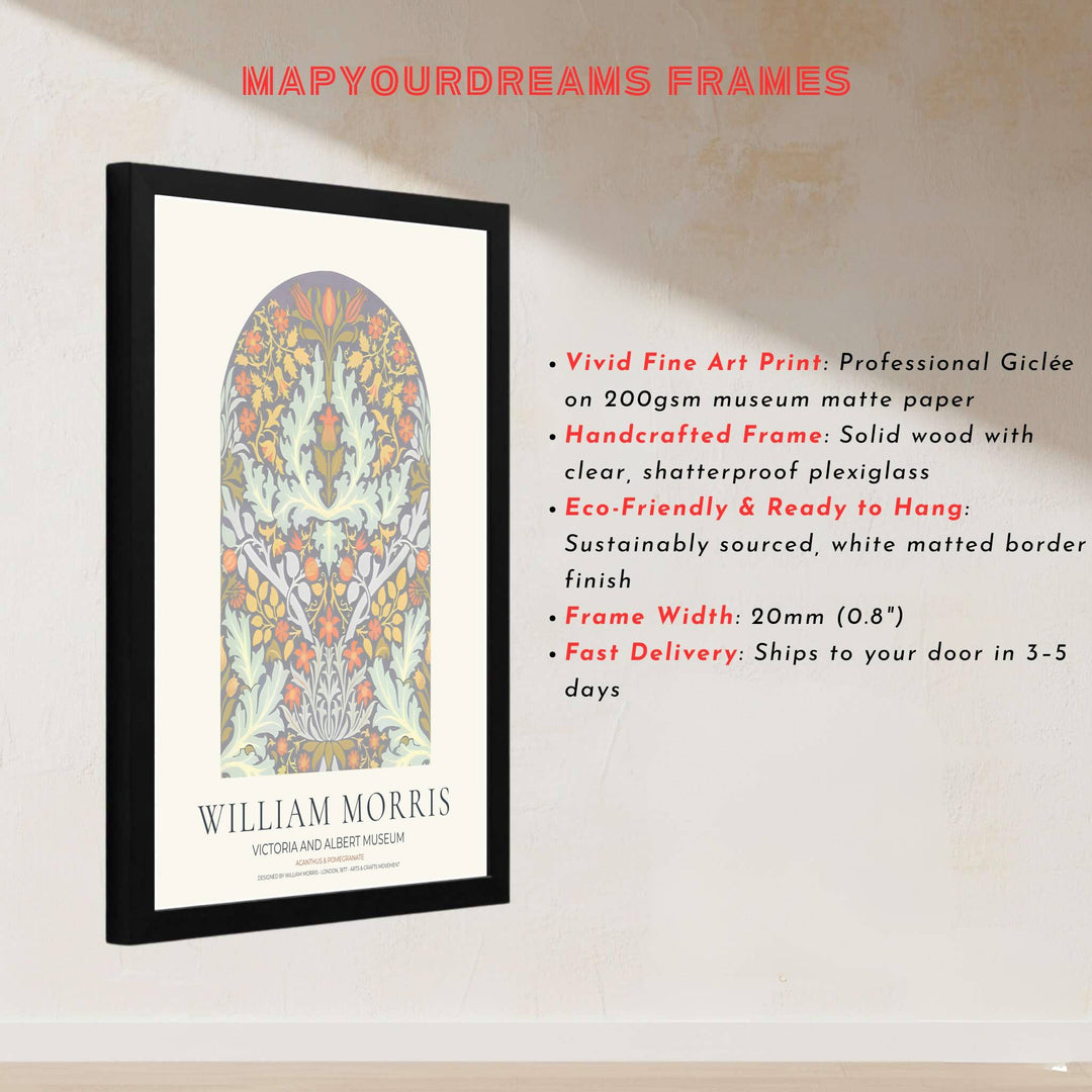 Premium heritage botanical print of the historic Acanthus and Pomegranate arched layout by William Morris, ideal for creating a calming focal point in modern apartment living rooms and studies.