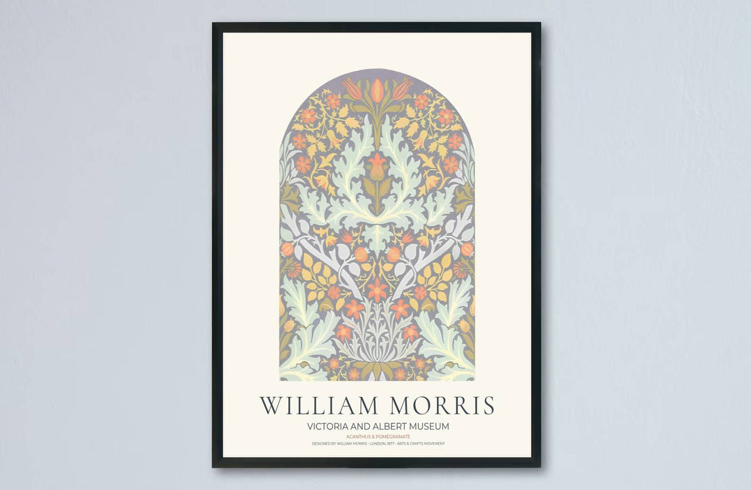 High quality art print showing William Morris Acanthus and Pomegranate vintage botanical artwork, meticulously produced to maintain precise details and serene color tones across modern wall displays.