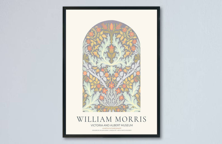 High quality art print showing William Morris Acanthus and Pomegranate vintage botanical artwork, meticulously produced to maintain precise details and serene color tones across modern wall displays.