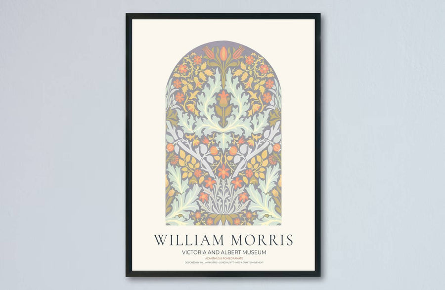High quality art print showing William Morris Acanthus and Pomegranate vintage botanical artwork, meticulously produced to maintain precise details and serene color tones across modern wall displays.