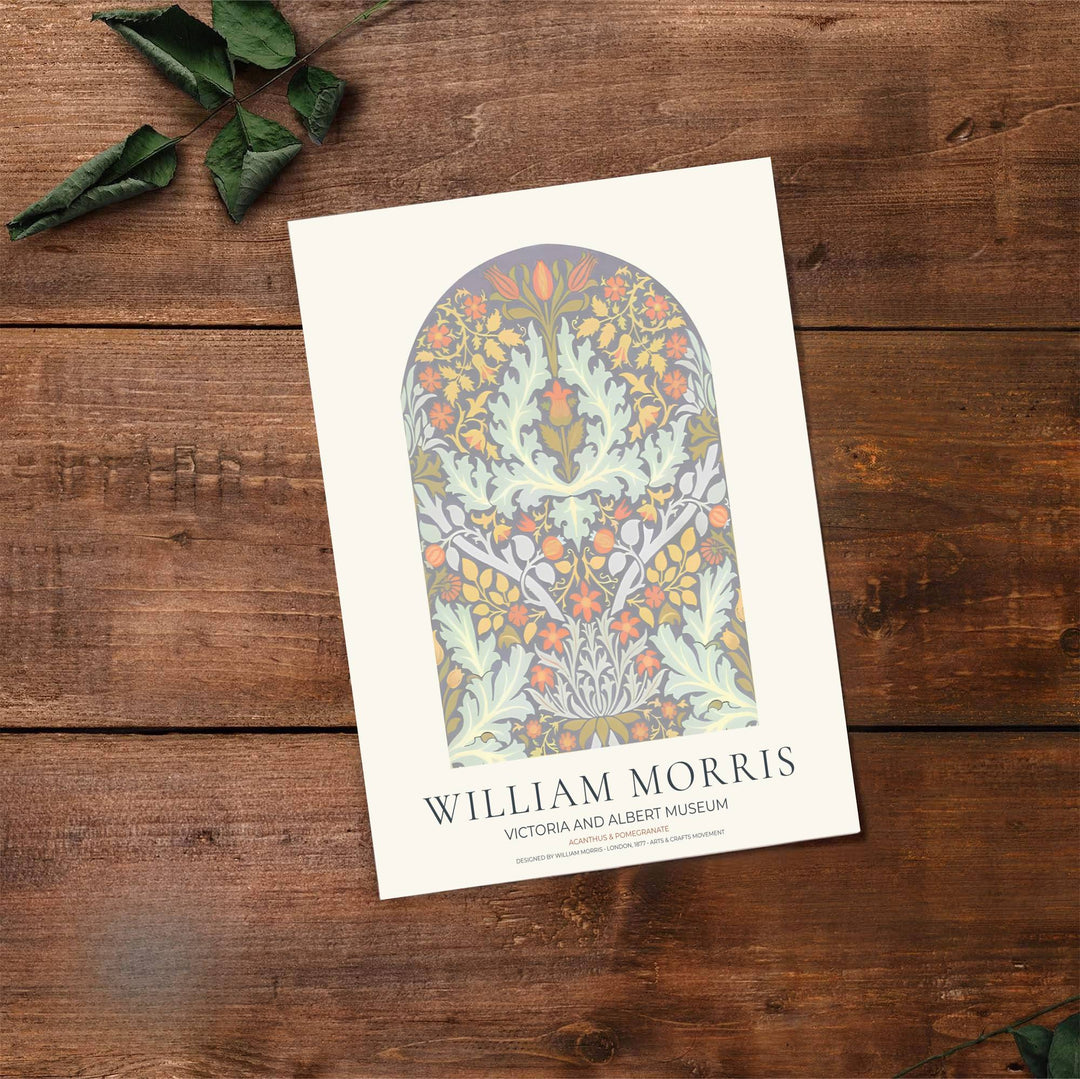 Elegant art print reproduction of the classic Acanthus and Pomegranate artwork by William Morris, ideal for flexible room arrangements and custom art displays across soft traditional interiors.