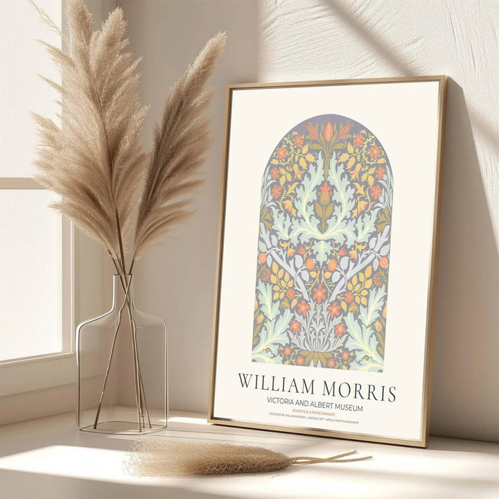 Authentic Arts and Crafts Acanthus and Pomegranate design print by William Morris, bringing organic warmth, refined English heritage, and soft floral tones into cozy home office spaces.