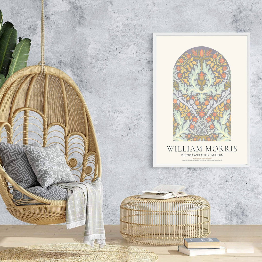 Fine graphic print featuring the detailed floral and fruit pattern of William Morris titled Acanthus and Pomegranate, serving as a peaceful centerpiece for vintage or modern wall layouts.