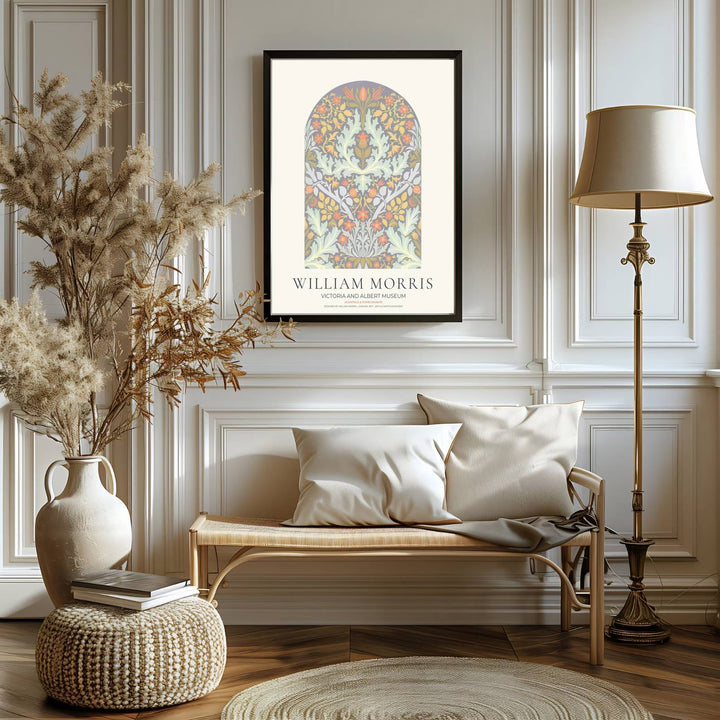 Archival visual print featuring William Morris Acanthus and Pomegranate arched foliage patterns, offering clear typography and balanced visual symmetry suitable for hallway accent displays.