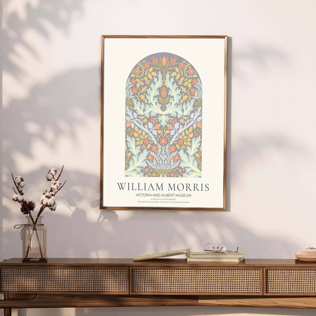Timeless William Morris Acanthus and Pomegranate floral artwork print, blending vintage English pattern design with crisp details for lasting visual appeal in living and dining areas.