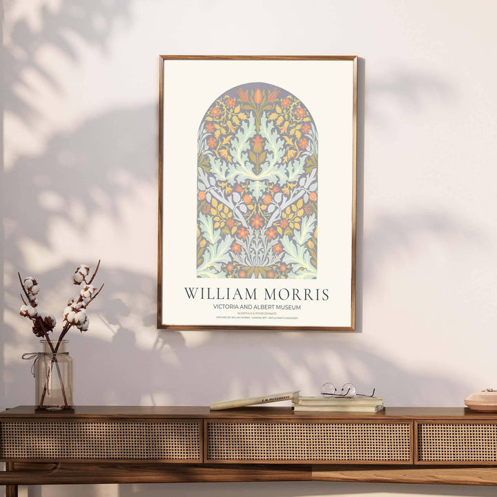 Timeless William Morris Acanthus and Pomegranate floral artwork print, blending vintage English pattern design with crisp details for lasting visual appeal in living and dining areas.