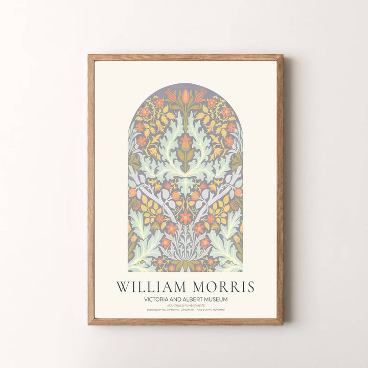 Museum quality visual print of William Morris Acanthus and Pomegranate displaying historical floral tapestry graphics inside an arched window border, ideal for traditional home collections.