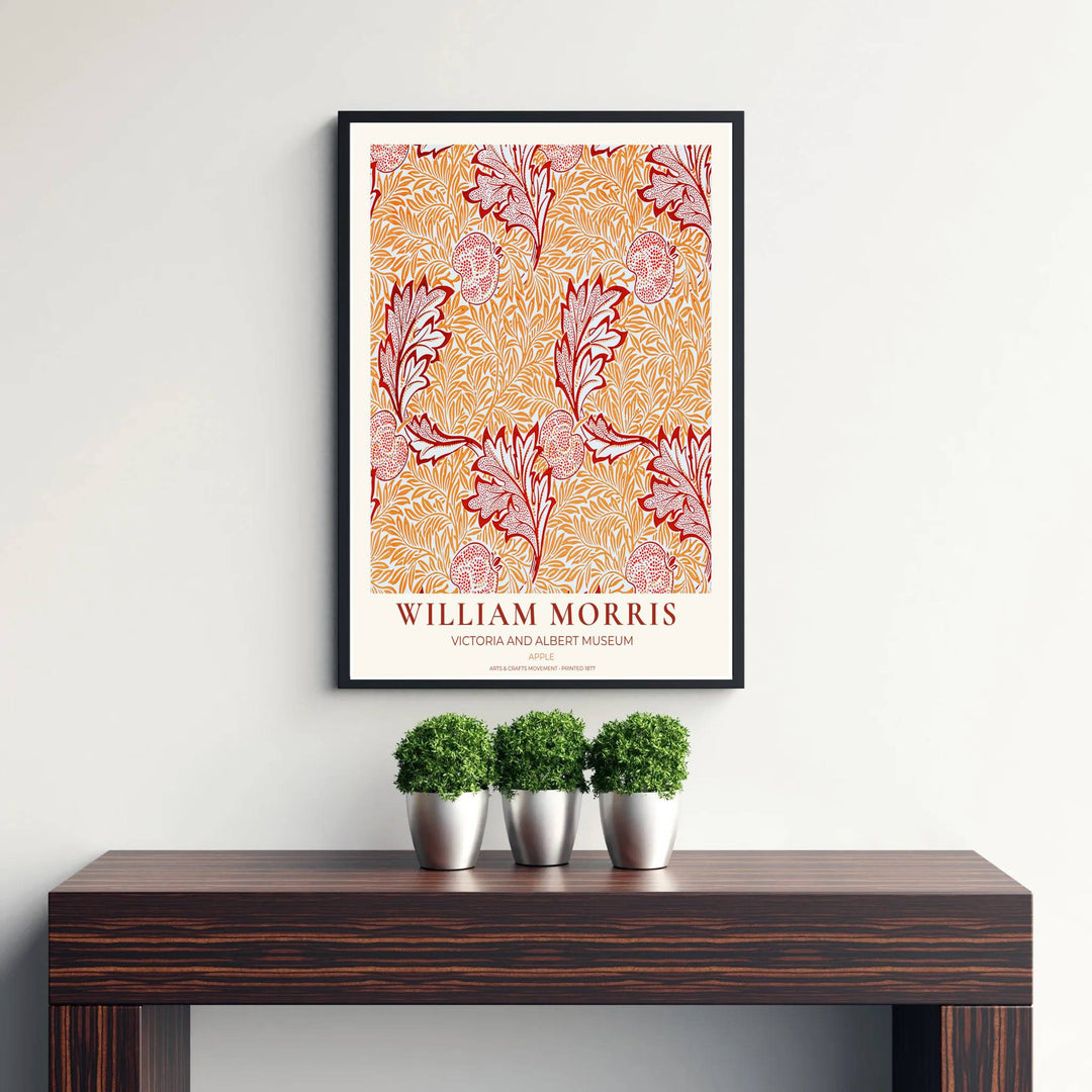 Premium heritage botanical print of the historic 1877 Apple layout by William Morris, ideal for styling warm interior spaces or building an eclectic vintage art poster collection across home rooms.