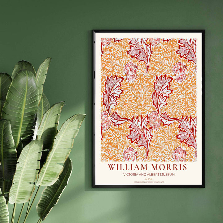 Modern decorative floral print of William Morris Apple featuring detailed leaves and dense orange background patterns, ideal for contemporary wall decoration and light filled living areas.