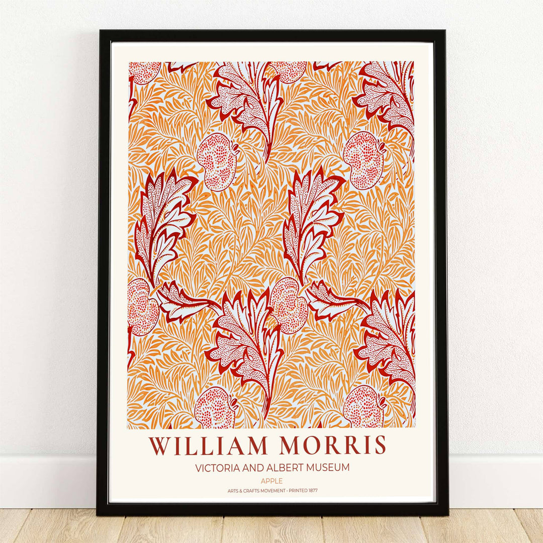 High quality William Morris Apple terracotta orange print displaying intricate willow leaf patterns and detailed fruit silhouettes perfect for cozy living room wall decor.