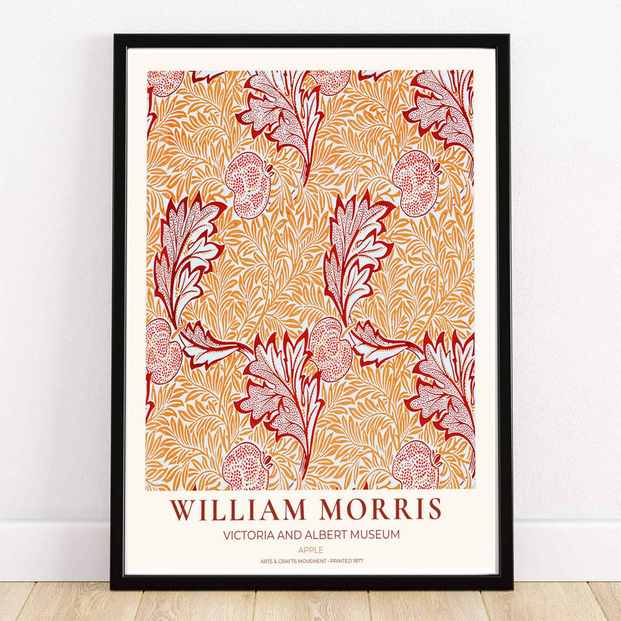 High quality William Morris Apple terracotta orange print displaying intricate willow leaf patterns and detailed fruit silhouettes perfect for cozy living room wall decor.