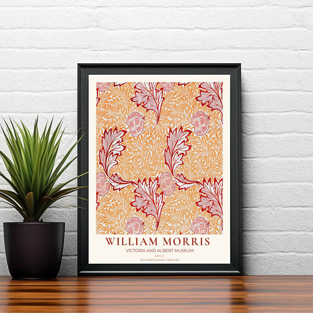 Sophisticated William Morris Apple floral poster print, designed to coordinate with warm home accents, terracotta tones, and autumn inspired botanical wall art gallery layout compositions.