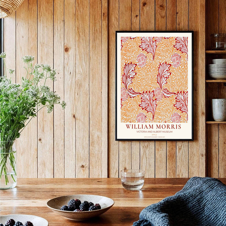 Historic artwork print of William Morris Apple, capturing stylized fruit shapes, rust red outlines, and dense yellow-orange leaf backgrounds suited for kitchen, hallway, and cozy bedroom wall spaces.