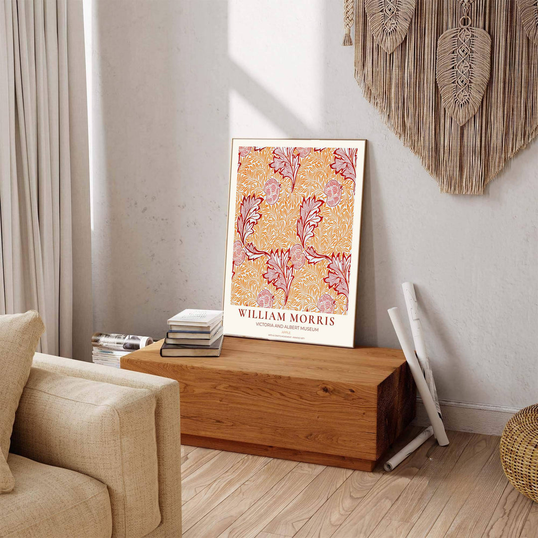 Timeless William Morris Apple botanical art print, combining fluid vintage movement with historic exhibition typography elements to suit versatile living room and kitchen interior decorating themes.