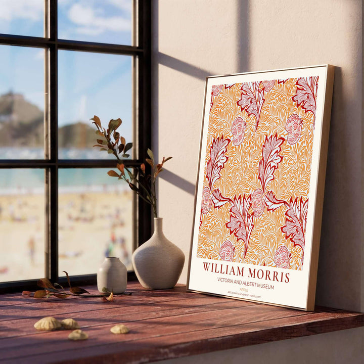 High definition graphic print of the renowned Apple design by William Morris, showcasing lush foliage details and warm terracotta tones for lasting aesthetic appeal in residential spaces.