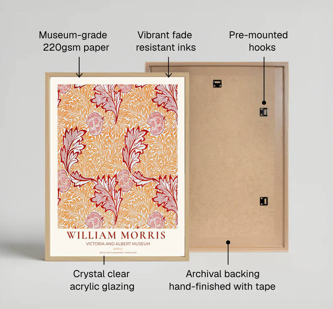 Detailed botanical artwork print displaying the famed Apple pattern by William Morris, expertly rendered to highlight historic textile elements and artistic craftsmanship for stylish home decor.