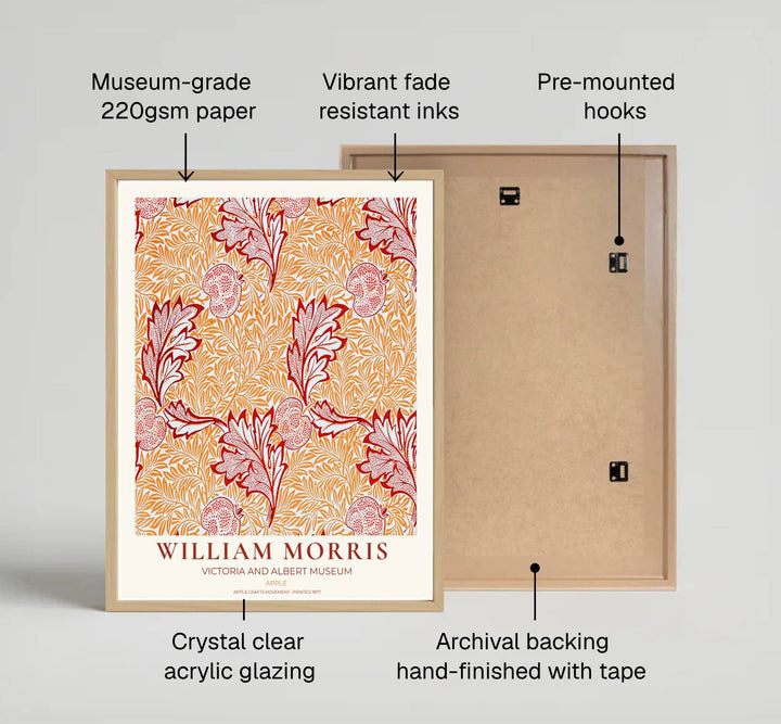 Detailed botanical artwork print displaying the famed Apple pattern by William Morris, expertly rendered to highlight historic textile elements and artistic craftsmanship for stylish home decor.