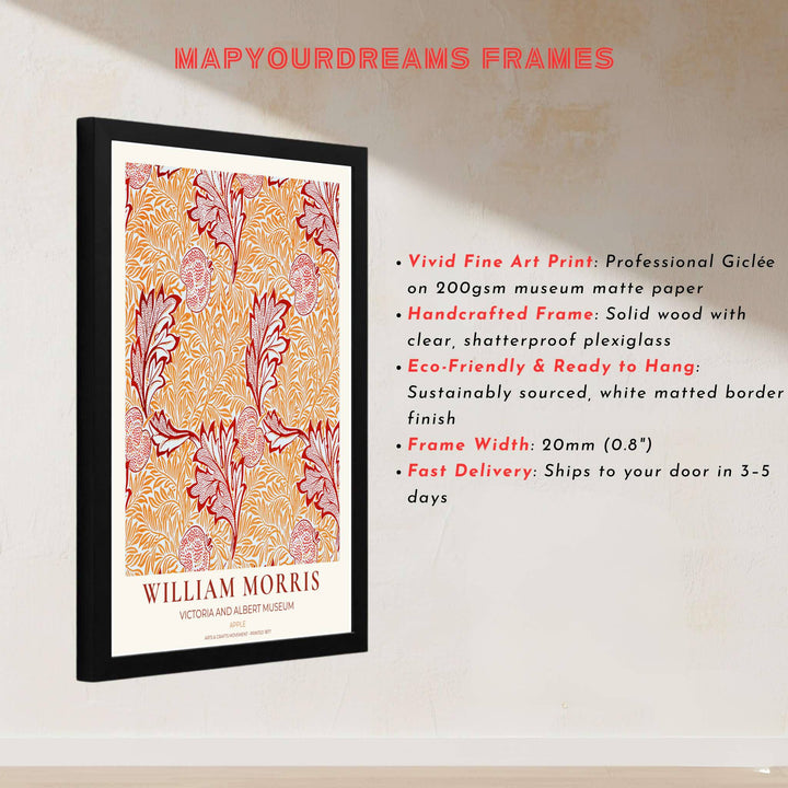 Fine art print showcasing the delicate fruit and foliage detailing of William Morris Apple, offering a warm aesthetic with rusty red and yellow-orange flourishes for living room decor.